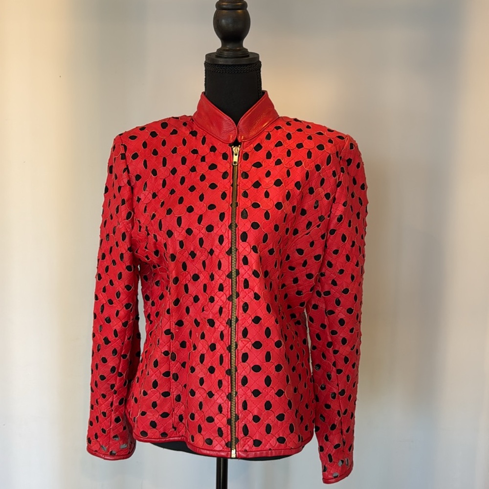 BOLD RED leather cut out over black netting bomber jacket - statement 🥳